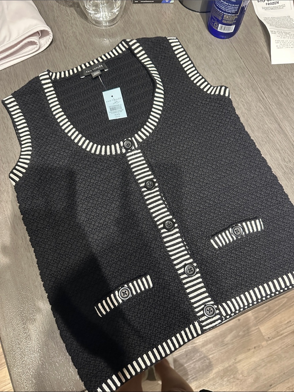 Ann Taylor Black Knit Sleeveless Cardigan with White Trim